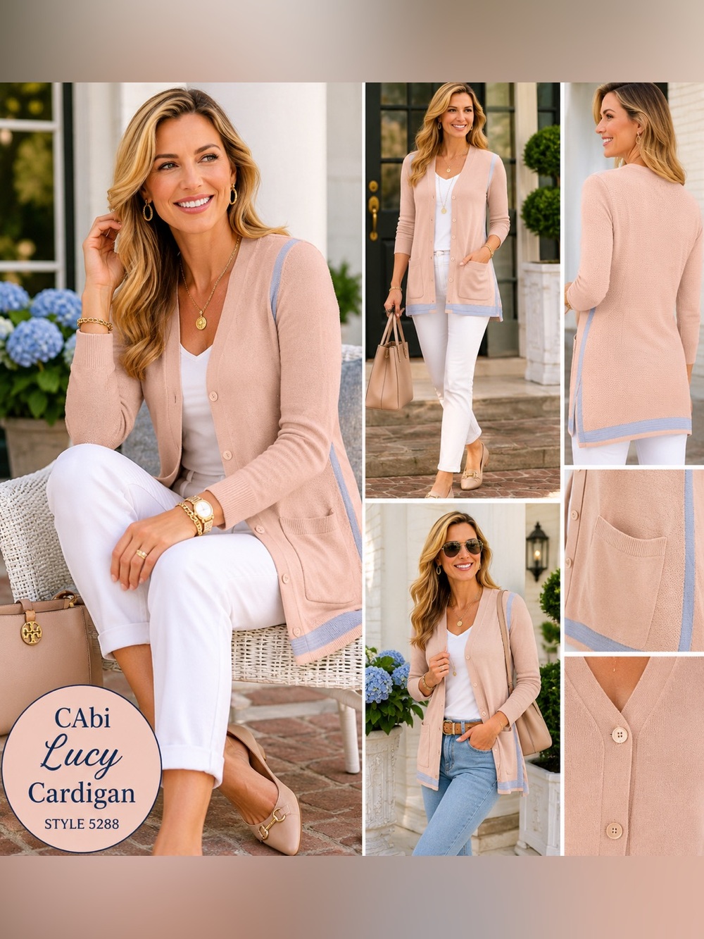 CAbi Lucy Cardigan Style 5288 Large Blush Pink Blue Trim Tunic Sweater NWOT